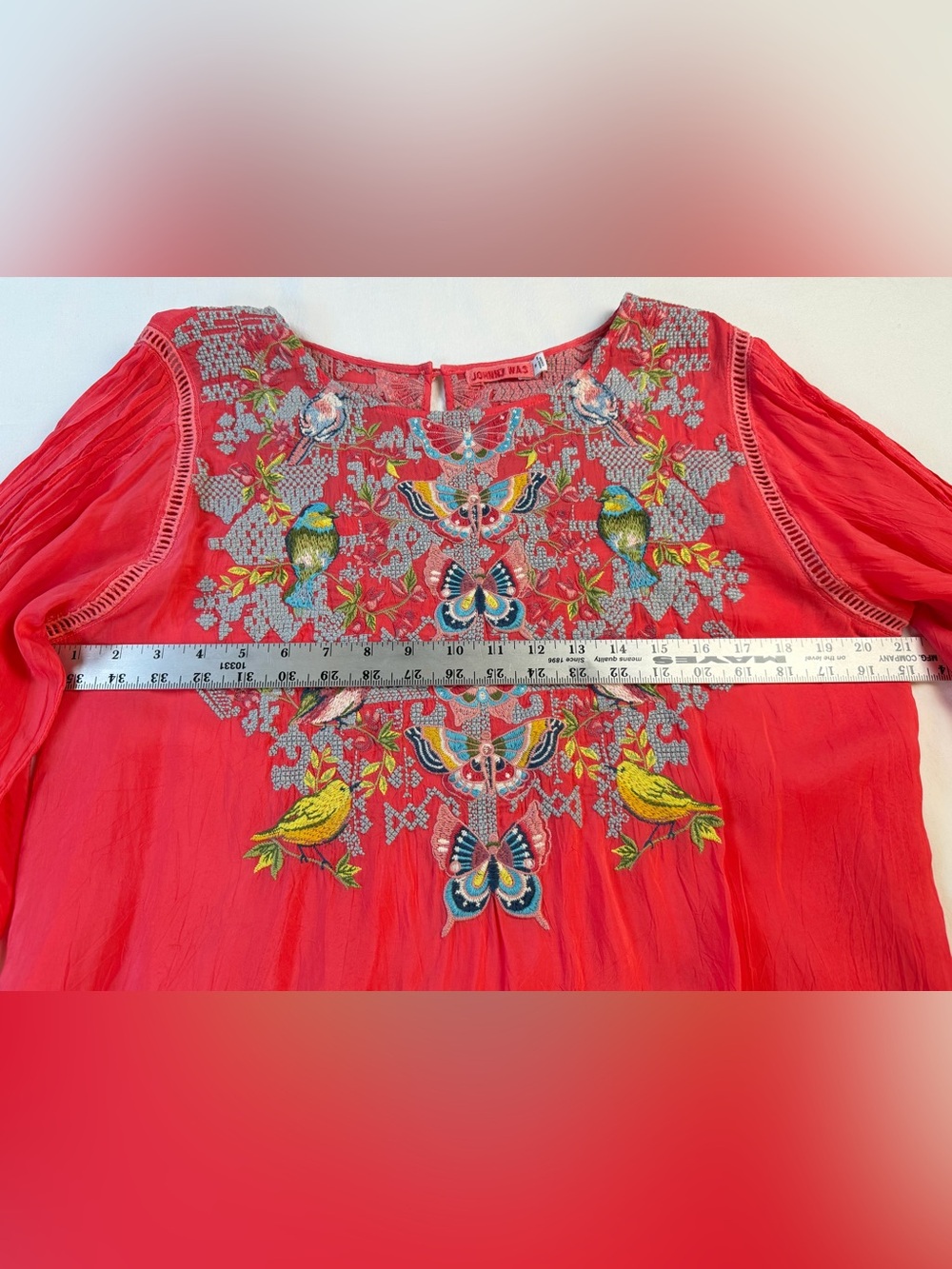 Johnny Was Farfalla Embroidered Coral Tunic Top with Butterfly and Bird  Detail - Picture 5 of 11